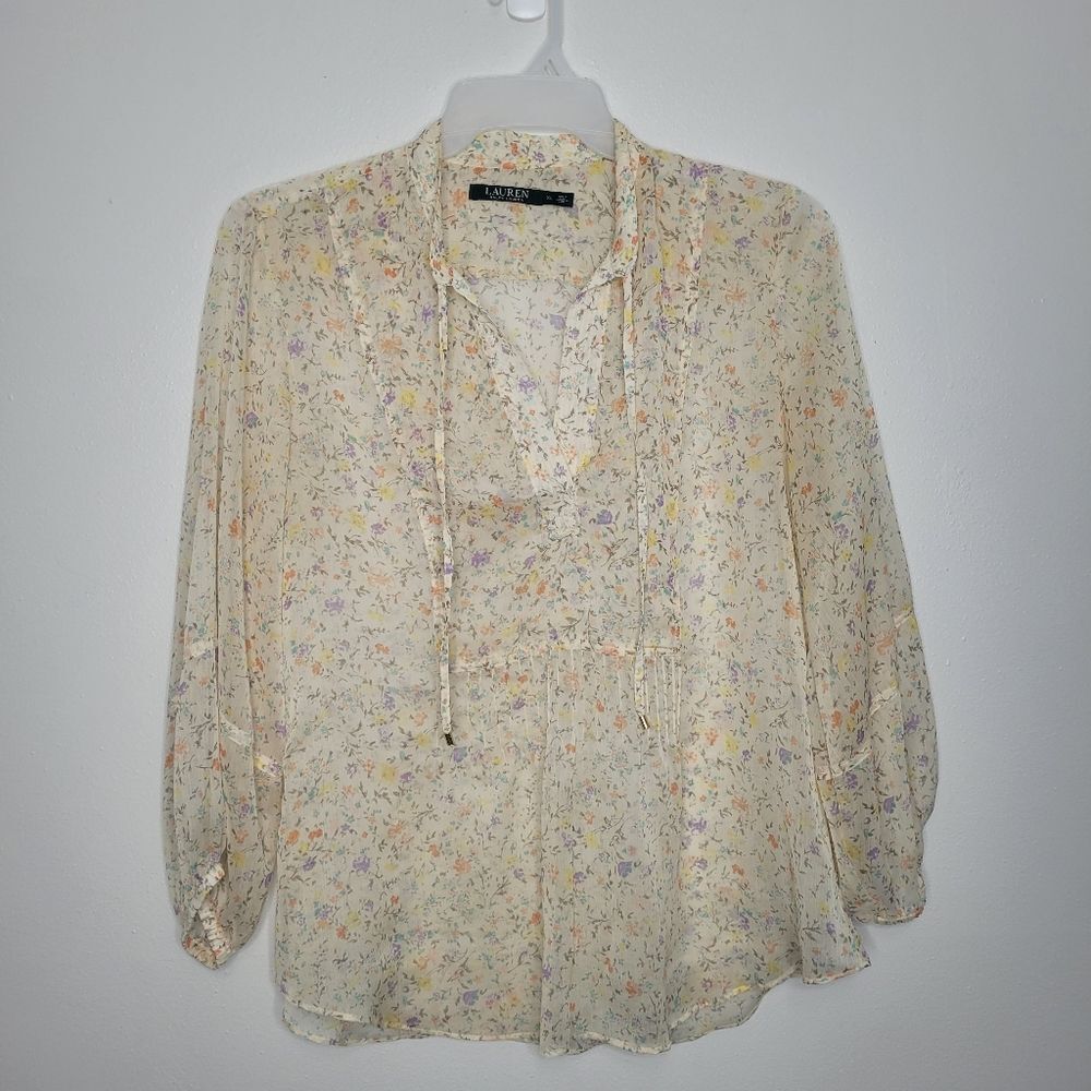 Lauren Ralph Lauren cream semi-sheer muted floral casual pop over top size xl
